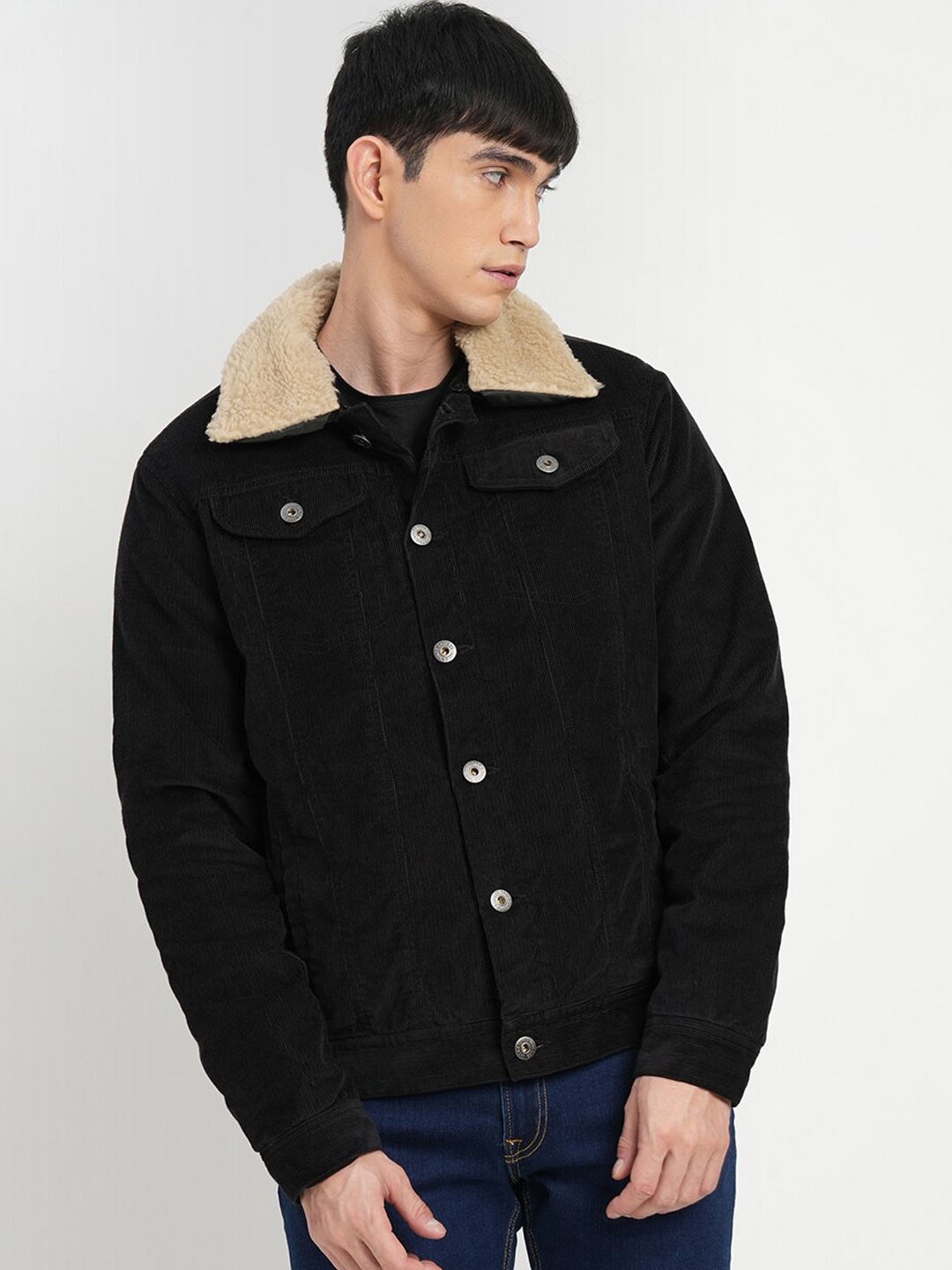 

Jack & Jones Men Black Striped Longline Puffer Jacket with Patchwork