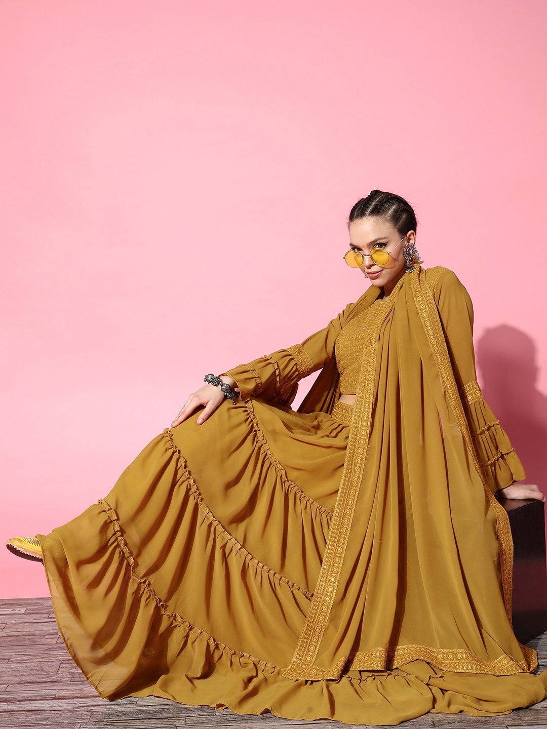 

Kvsfab Embroidered Sequinned Ready to Wear Lehenga & Blouse With Dupatta, Mustard
