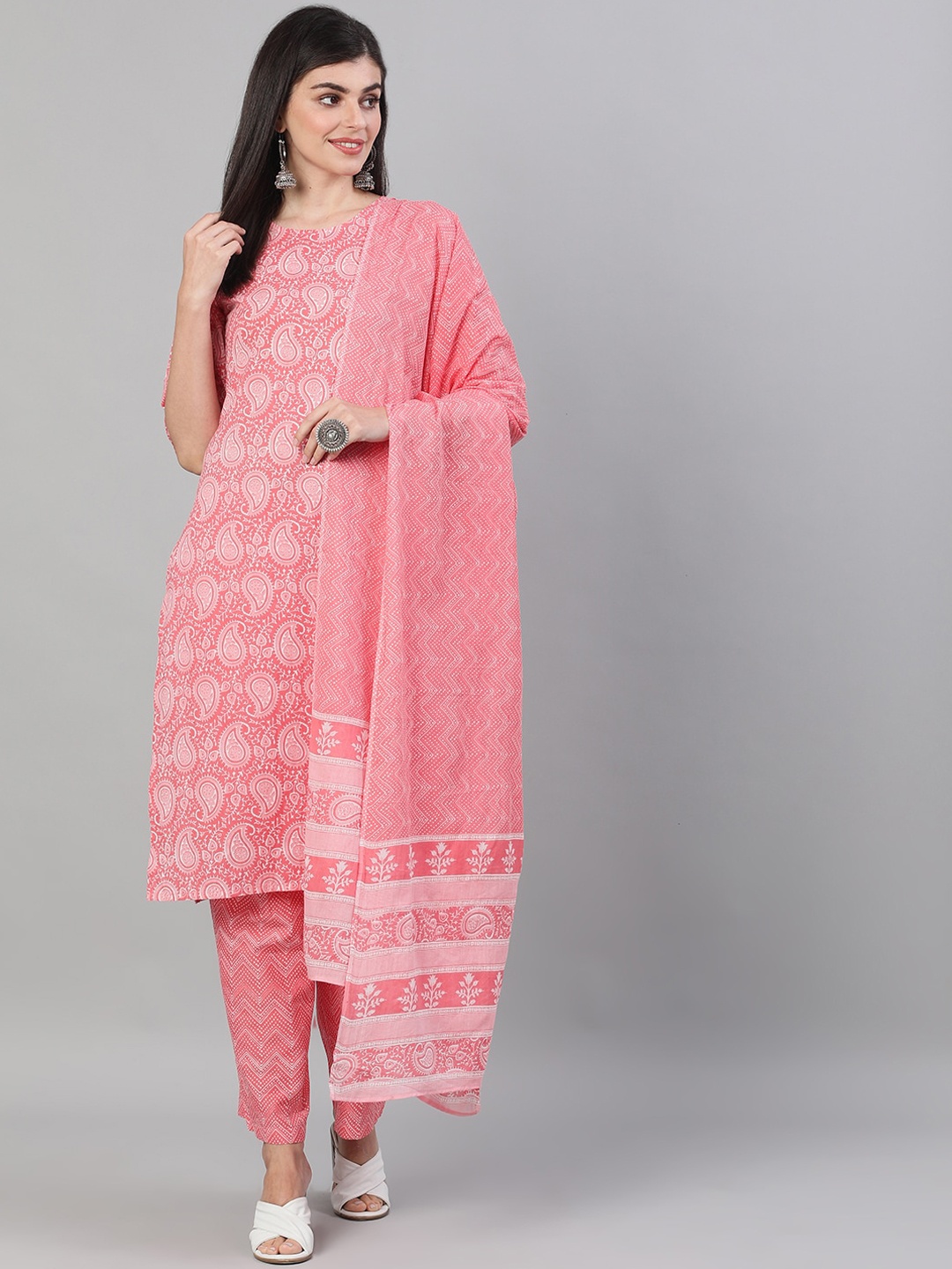 

AASI - HOUSE OF NAYO Women Paisley Printed Pure Cotton Kurta with Trousers & Dupatta, Pink