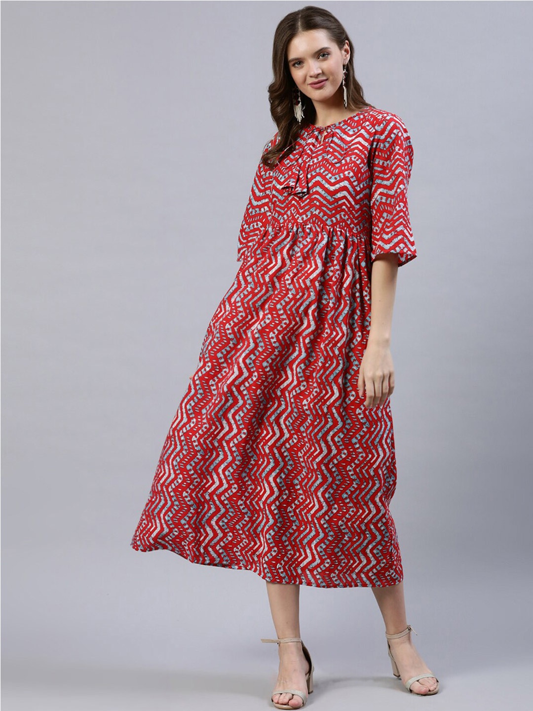 

AASI - HOUSE OF NAYO Tie-Up Neck Ethnic Empire Cotton Midi Dress, Red