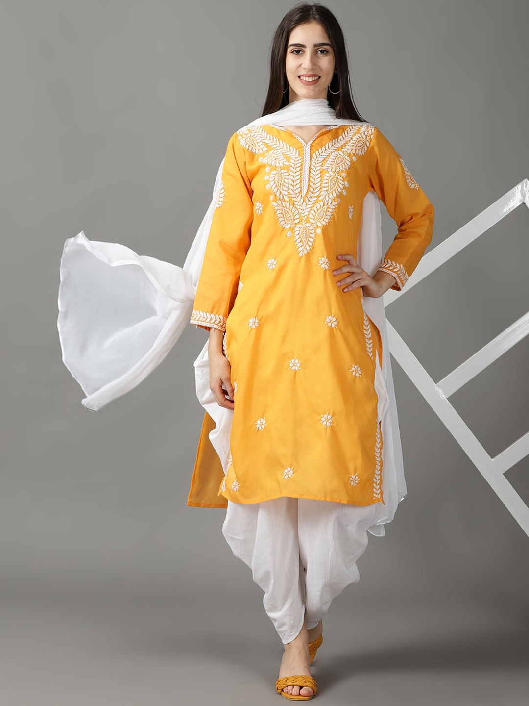

DIVINATION Ethnic Motifs Embroidered Thread Work Chikankari Kurta with Patiala & Dupatta, Yellow