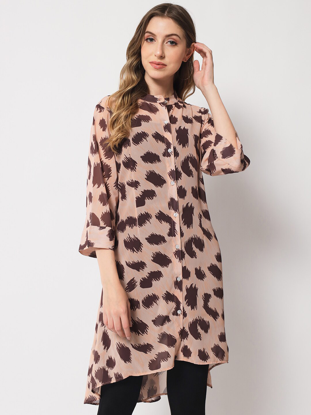 

CHARMGAL Animal Print Shirt Midi Dress, Beige