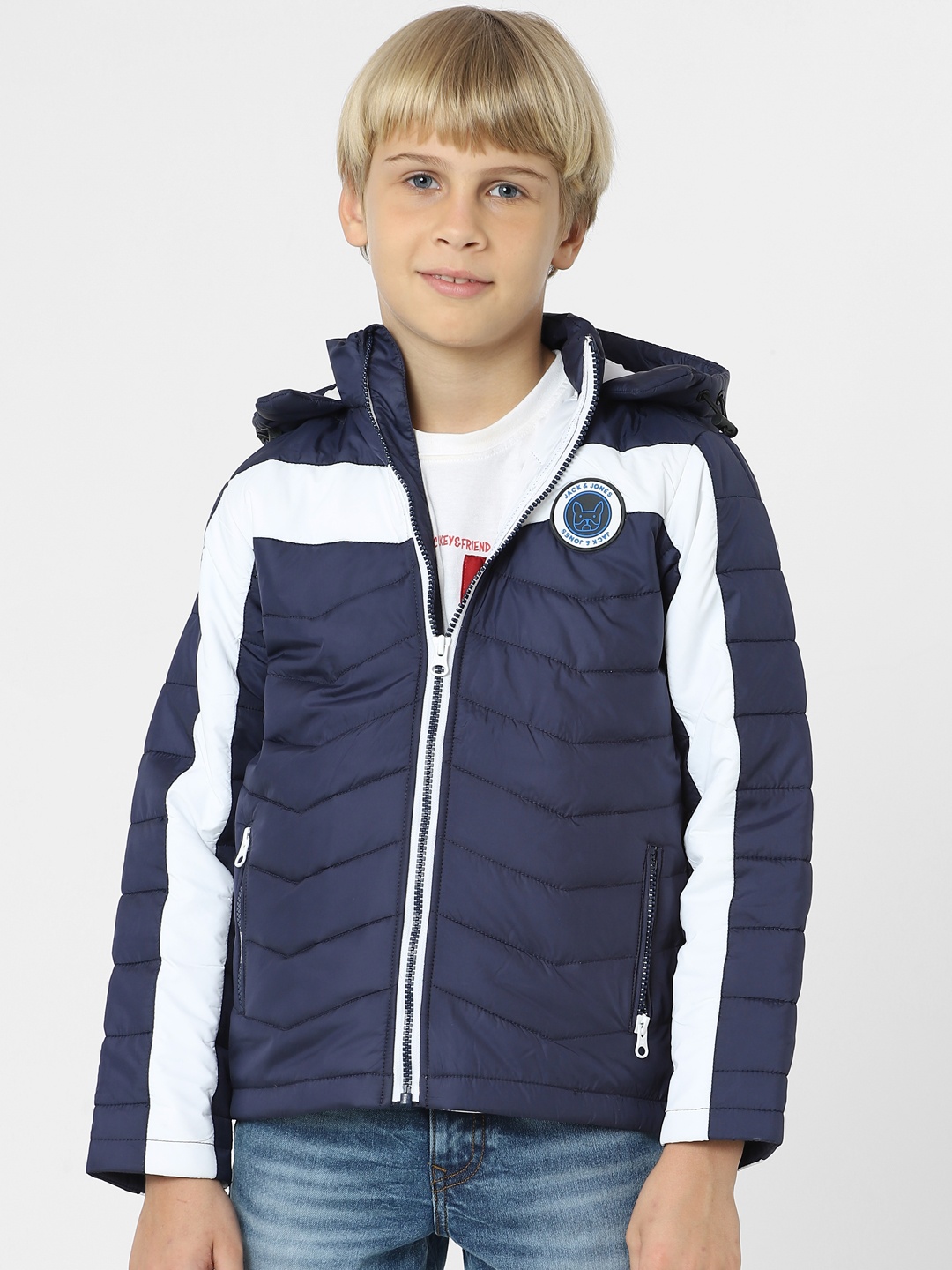 

Jack & Jones Junior Boys Cotton Colourblocked Puffer Jacket, Navy blue