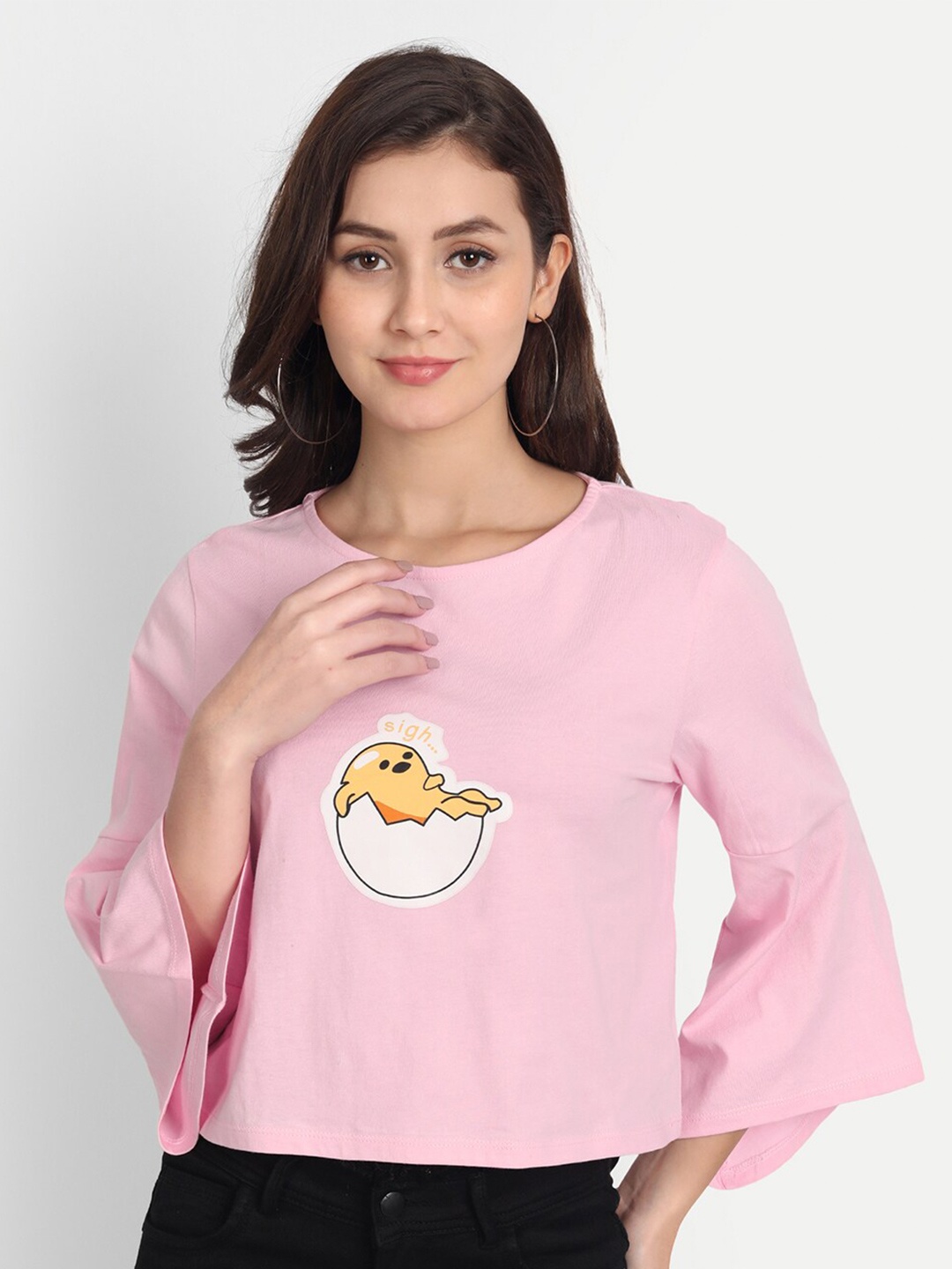 

DOLSU Printed Bell Sleeve Pure Cotton Top, Pink