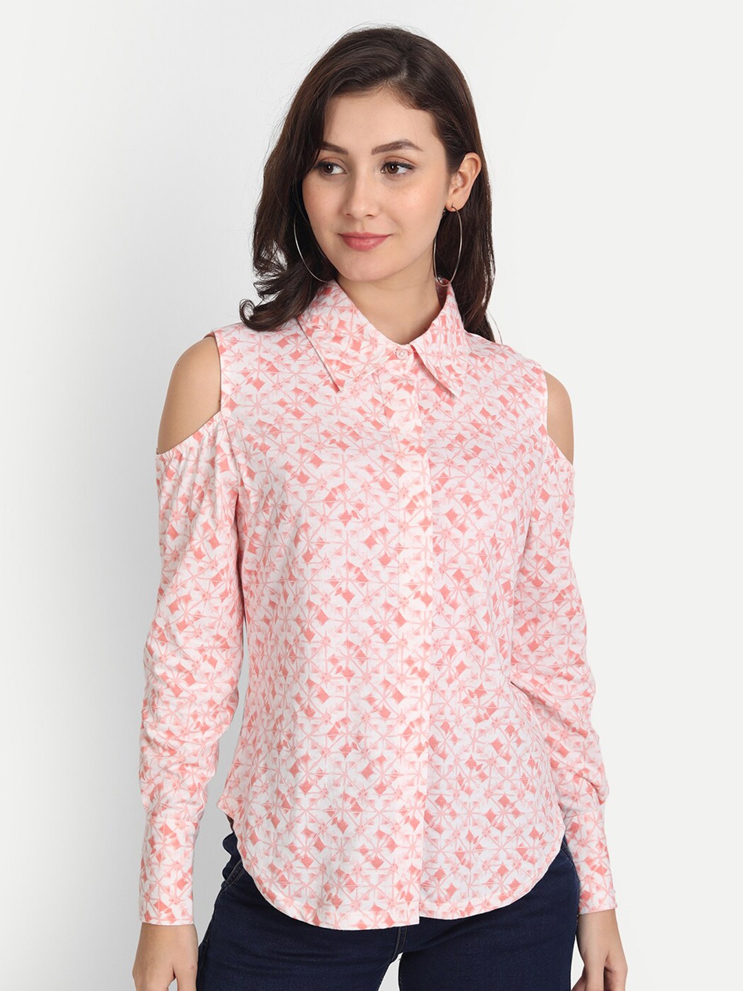 

DOLSU Floral Printed Cold-Shoulder Sleeve Pure Cotton Top, Pink