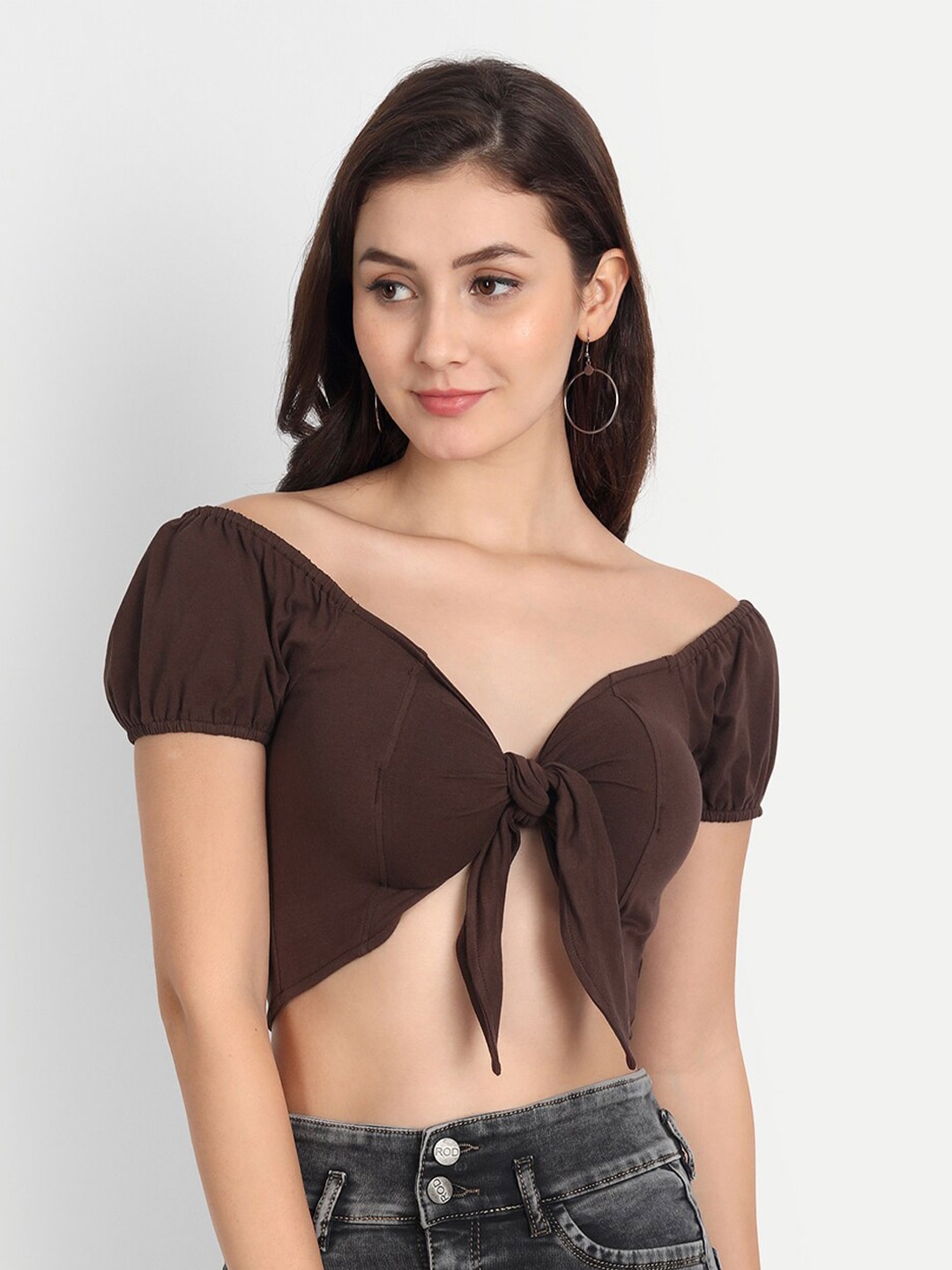 

DOLSU Off-Shoulder Georgette Crop Top, Brown