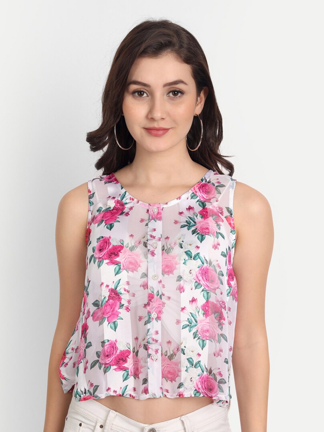 

DOLSU Floral Print Georgette Crop Top, Pink