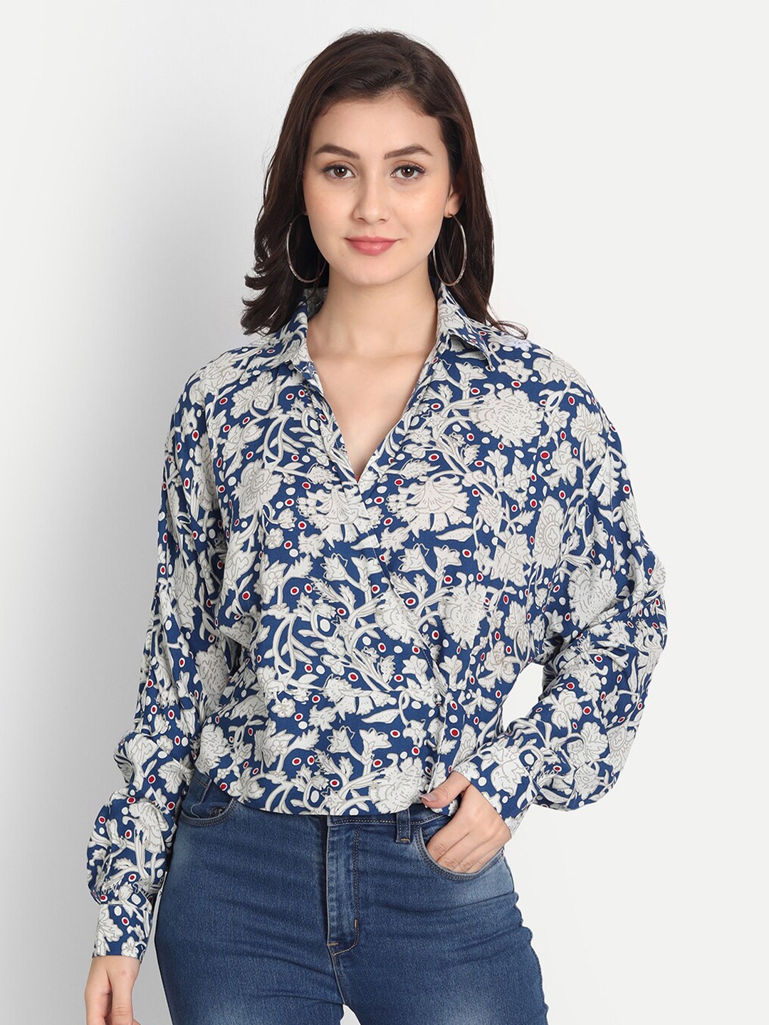 

DOLSU Floral Print Shirt Style Top, Blue