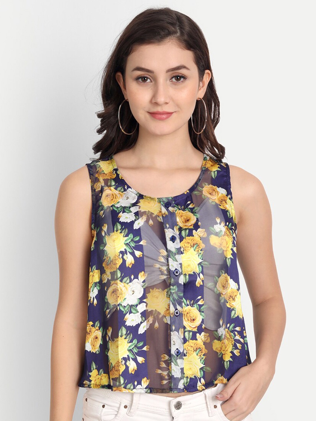 

DOLSU Floral Print Georgette Top, Blue