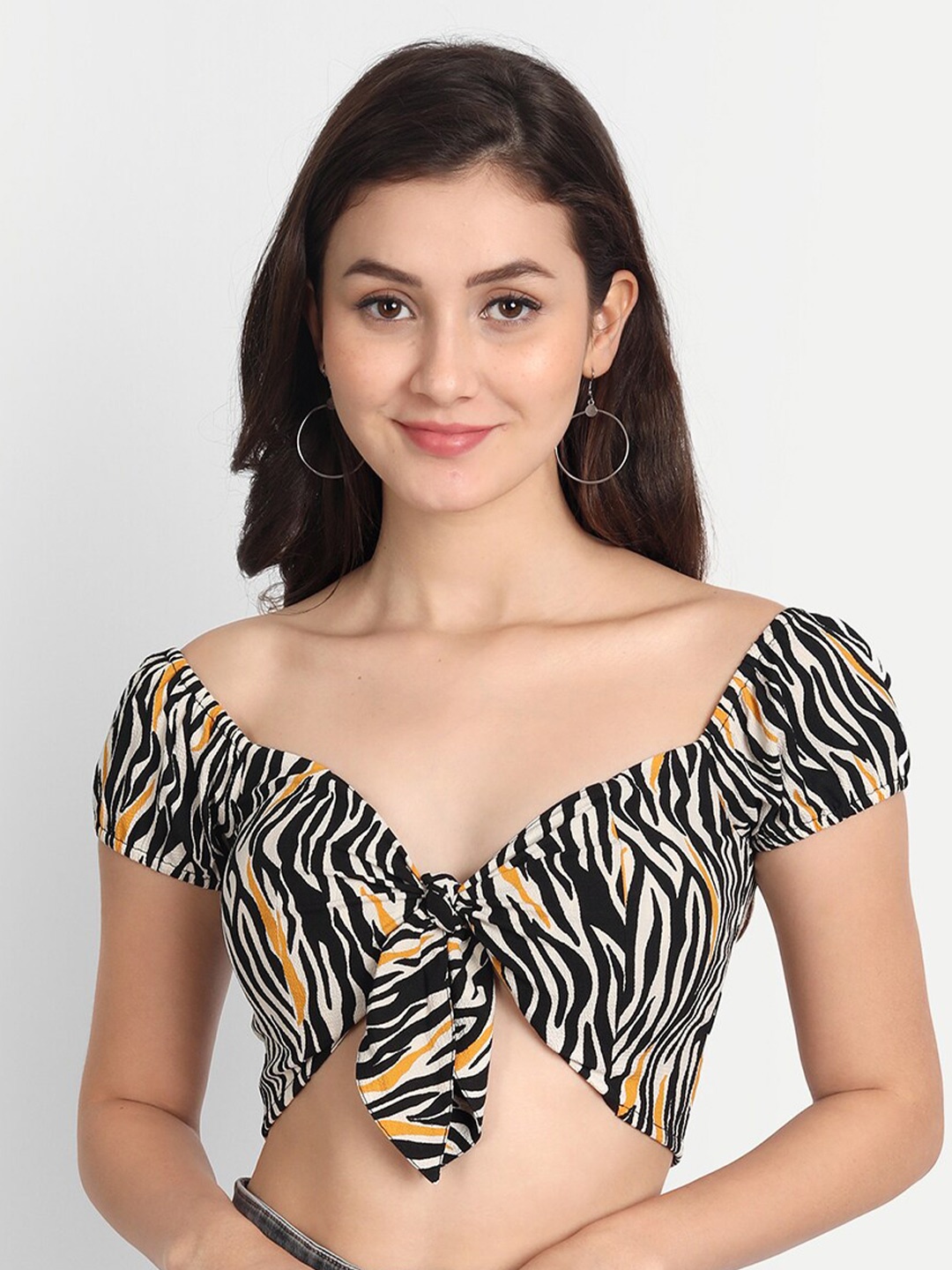 

DOLSU Animal Print Crop Pure Cotton Top, Black