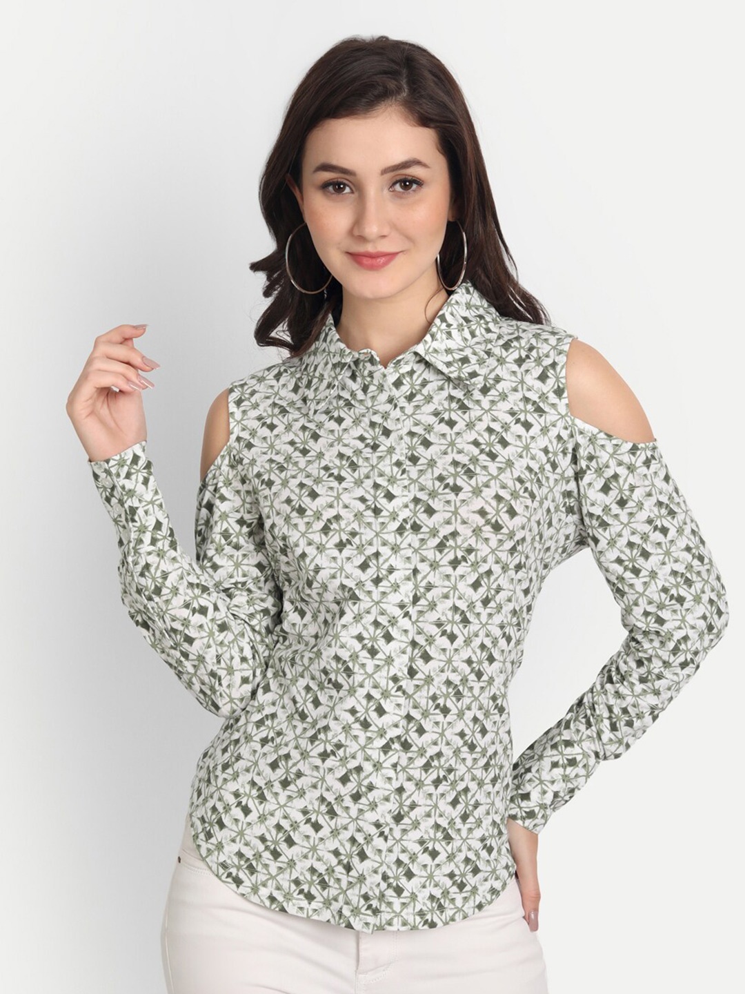 

DOLSU Floral Print Cold Shoulder Sleeve Pure Cotton Shirt Style Top, Green
