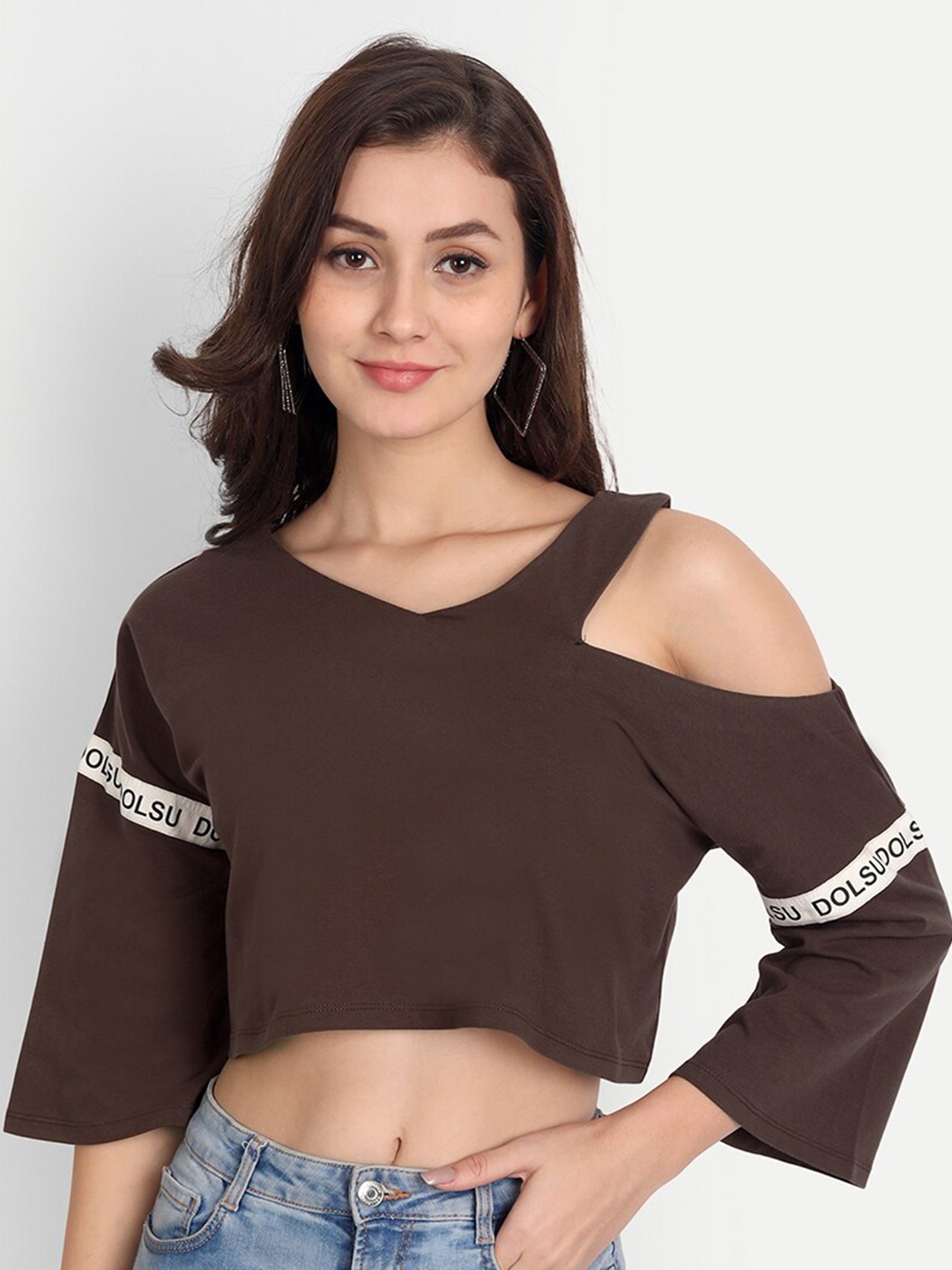 

DOLSU Women Cold-Shoulder Crop Top, Brown