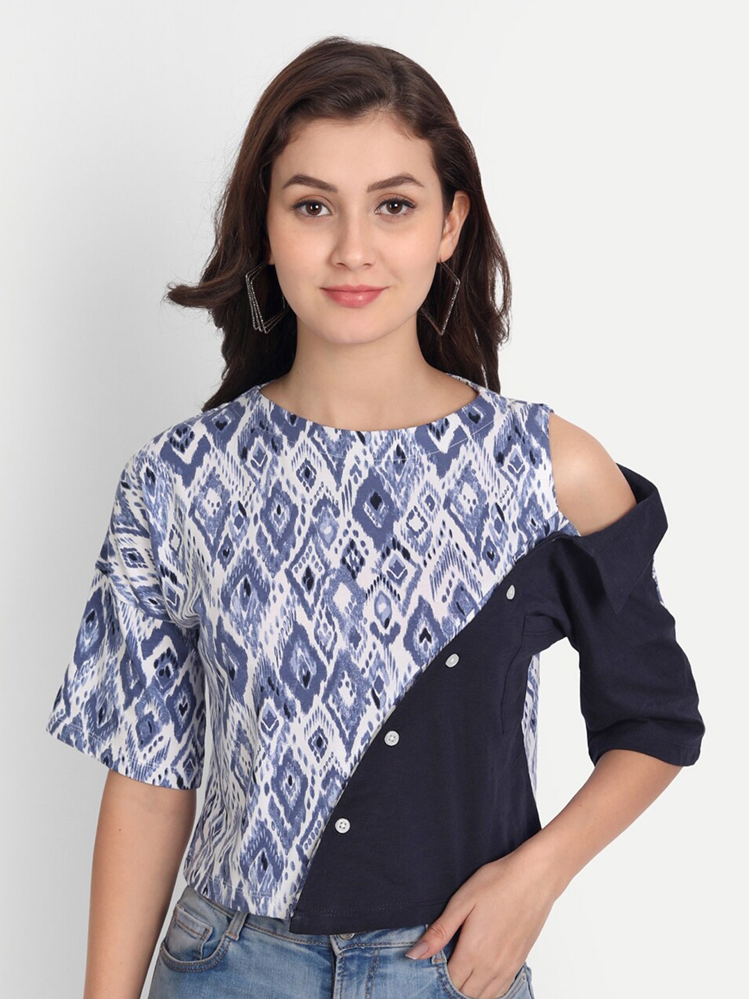 

DOLSU Geometric Print Pure Cotton Top, Blue