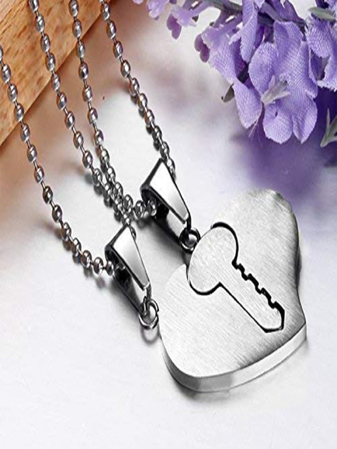 

Mahi Set Of 2 Rhodium-Plated Eternal Love Heart and Key Pendant With Chain, Silver