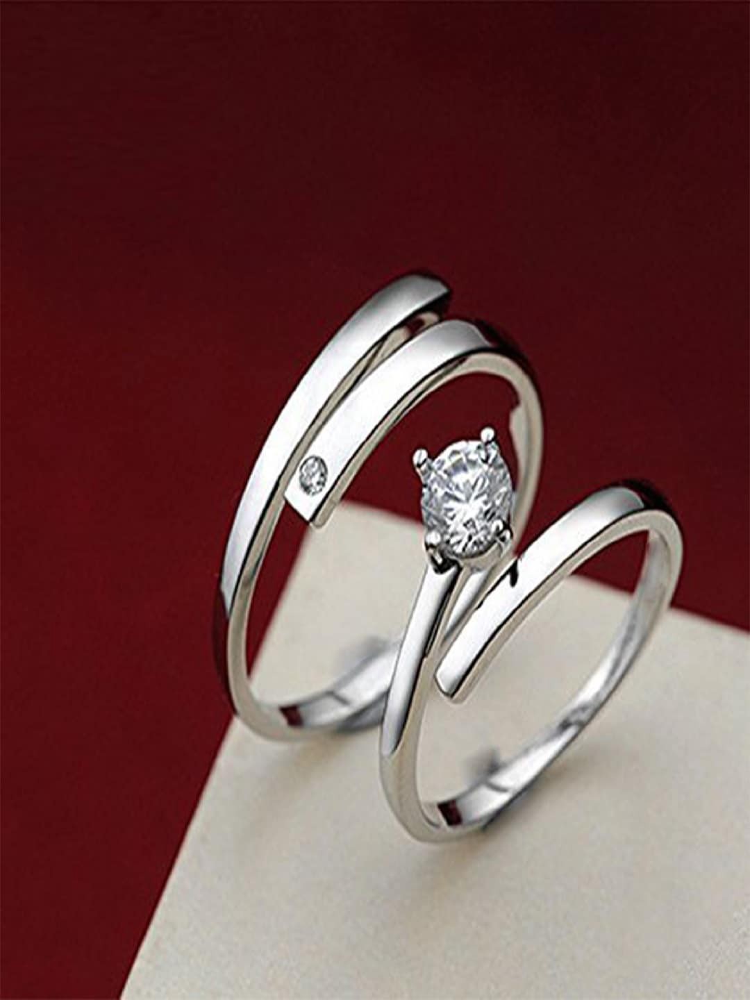 

Mahi Set of 2 Rhodium-Plated CZ Studded Alloy Couple Ring, Silver