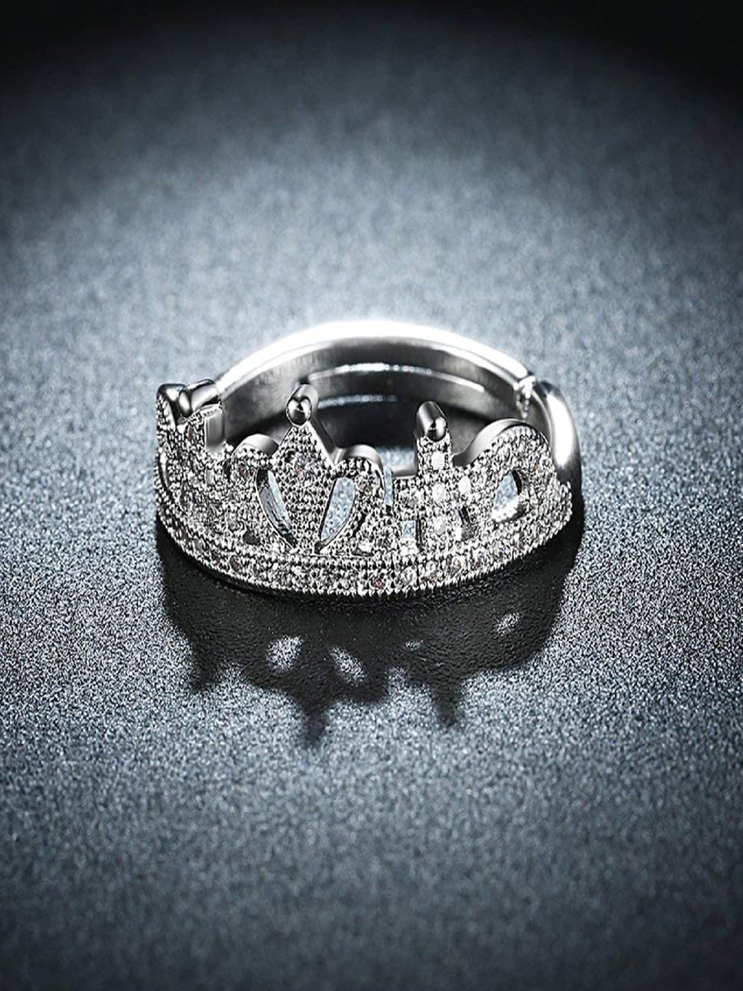 

Mahi Rhodium-Plated Royal Crown Designer CZ-Studded Finger Ring, Silver