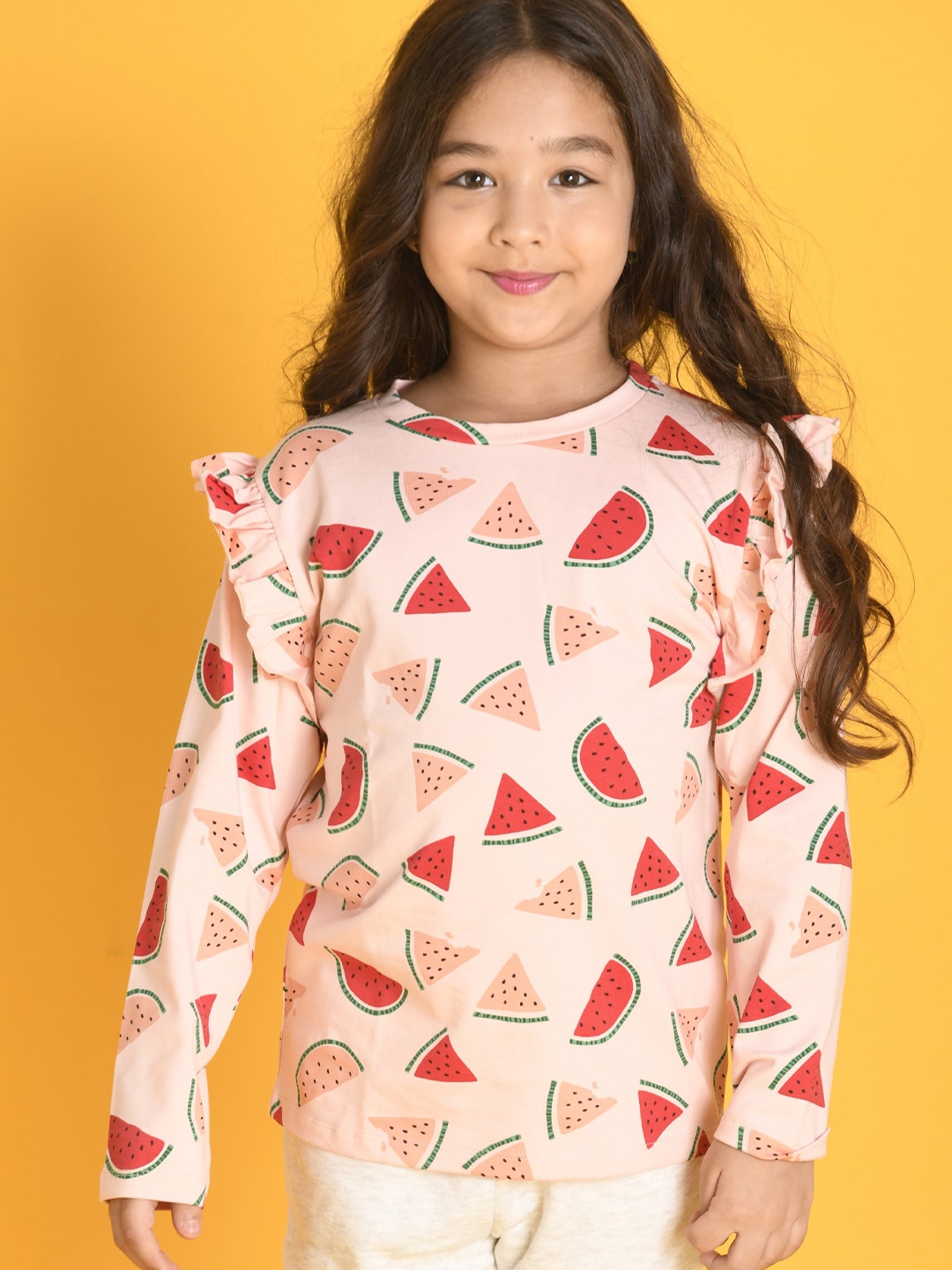 

Anthrilo Girls Printed Round Neck Cotton T-shirt, Pink