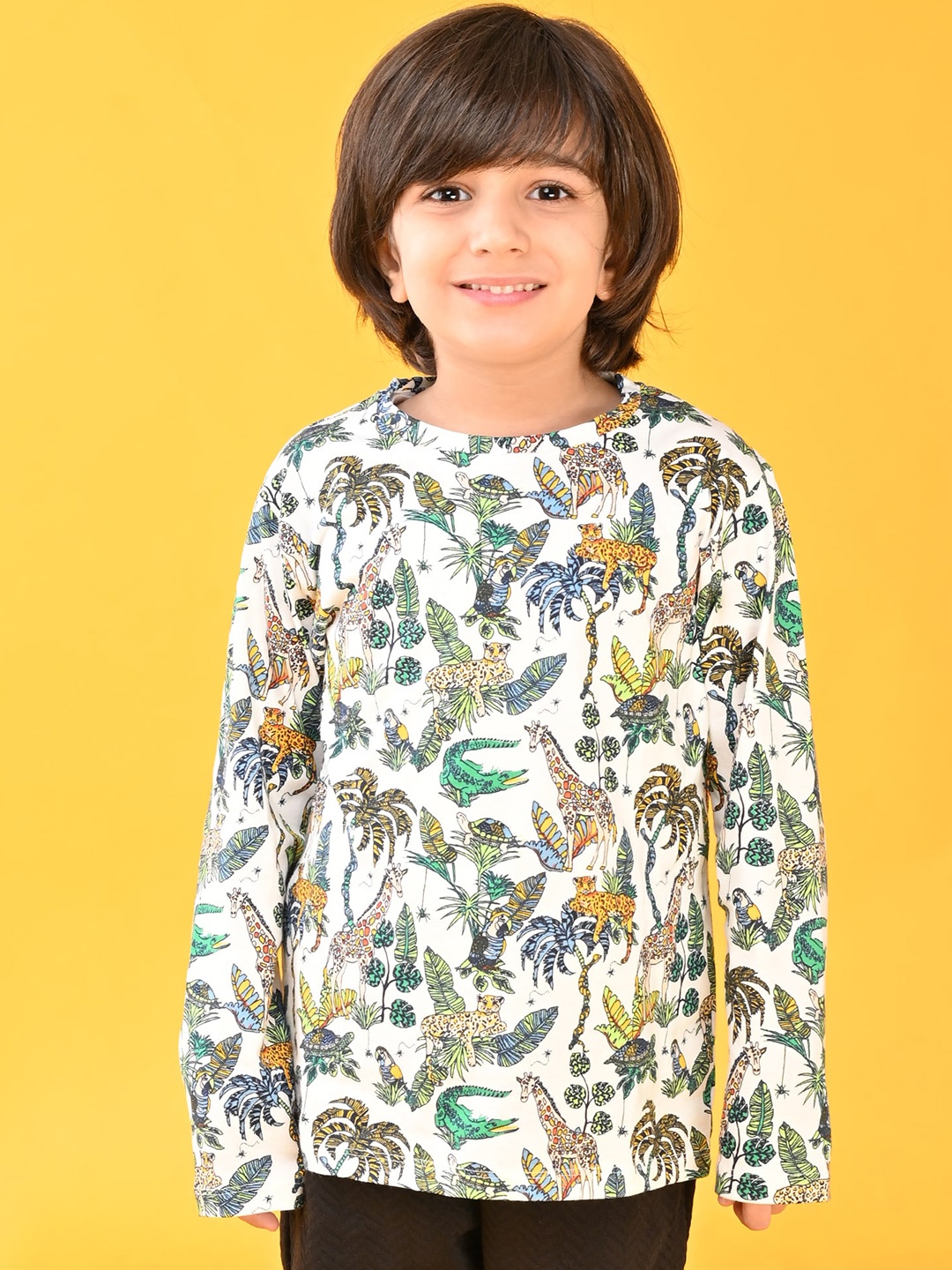 

Anthrilo Boys Tropical Printed Round Neck Cotton T-shirt, White
