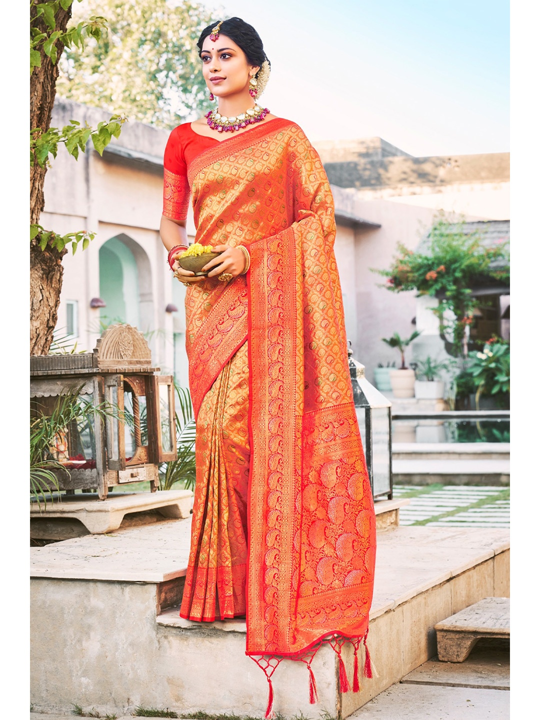 

SANGAM PRINTS Orange & Green Woven Design Zari Pure Silk Banarasi Saree