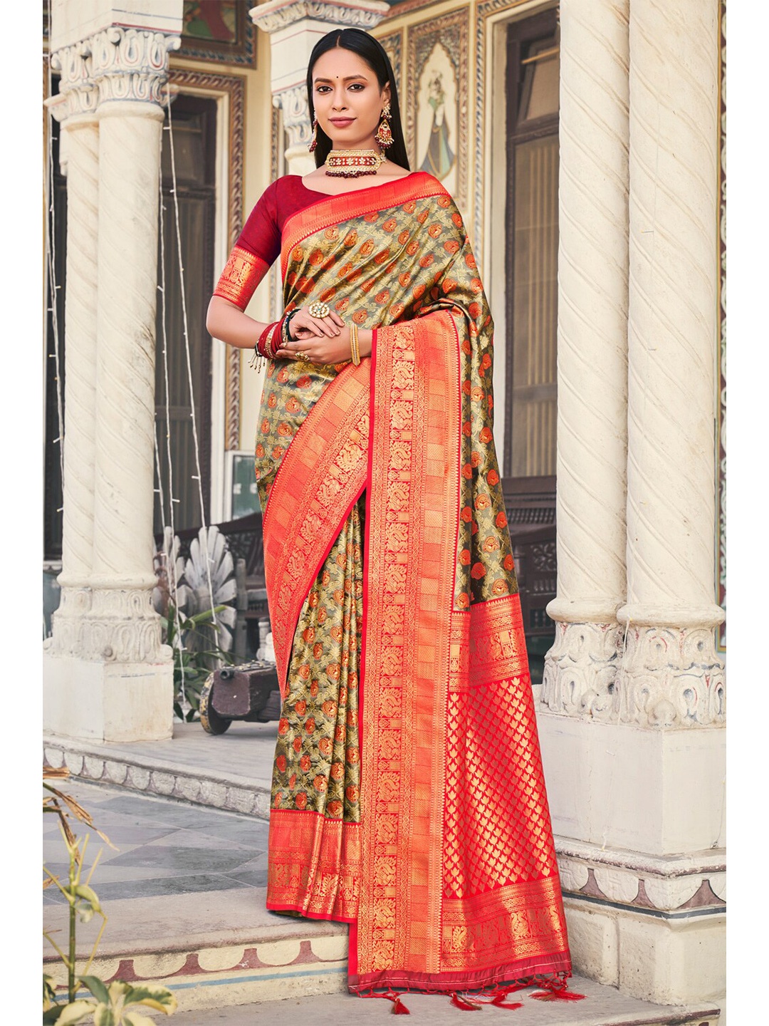 

SANGAM PRINTS Grey & Red Woven Design Zari Pure Silk Banarasi Saree