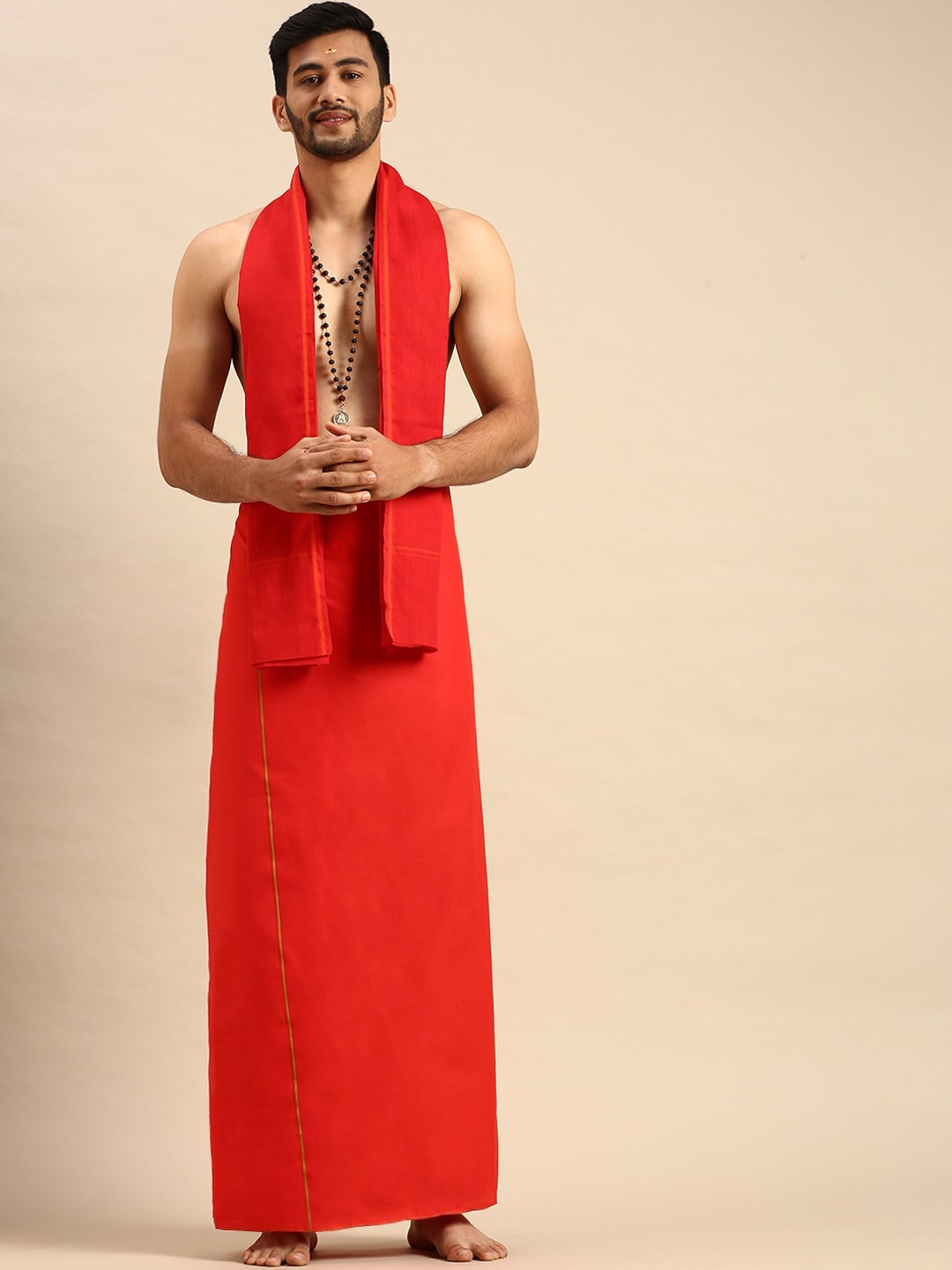 

Ramraj Men Cotton Devotional Dhoti and Towel Set, Red