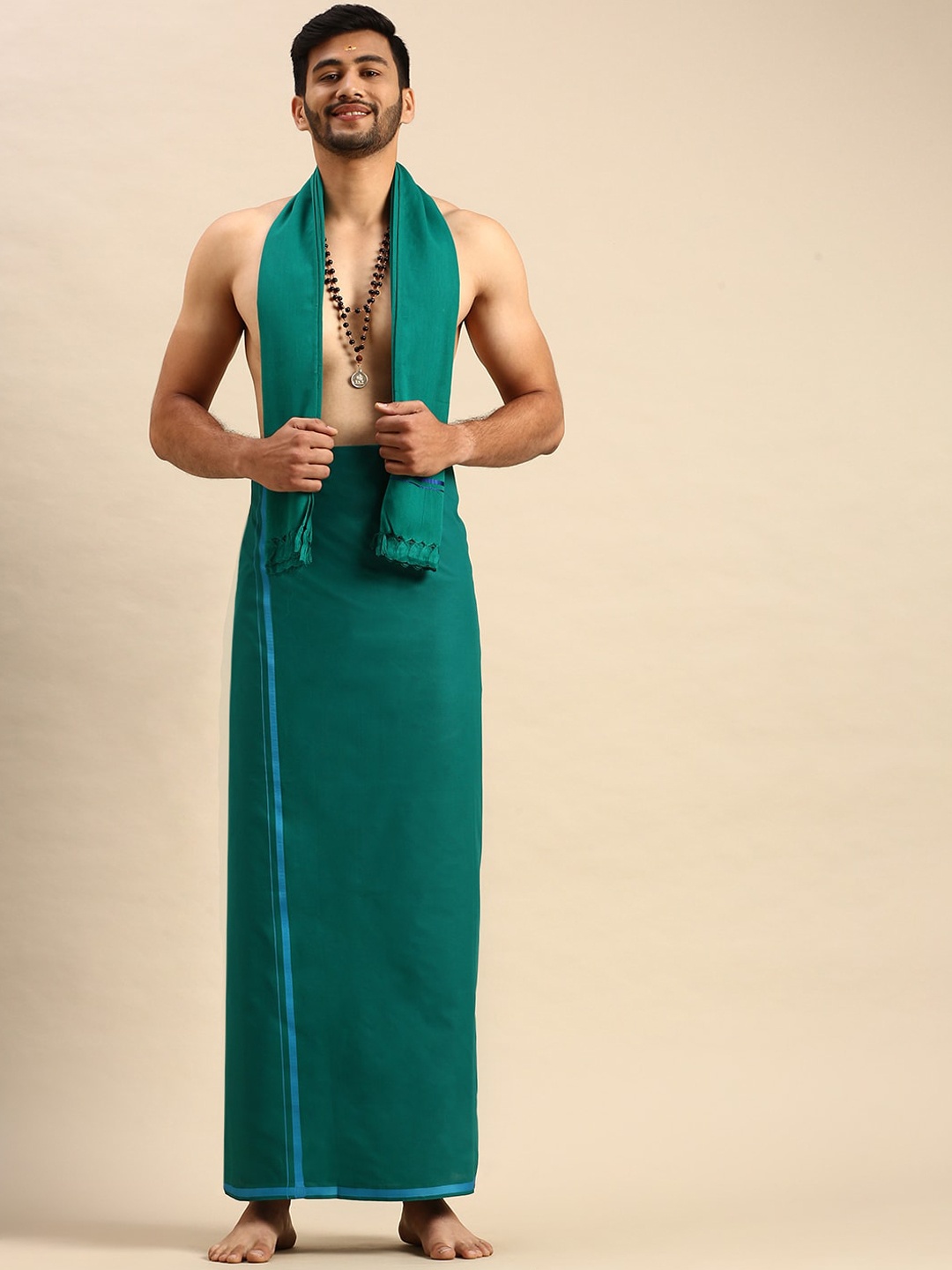 

Ramraj Men Cotton Devotional Dhoti and Towel Set, Green