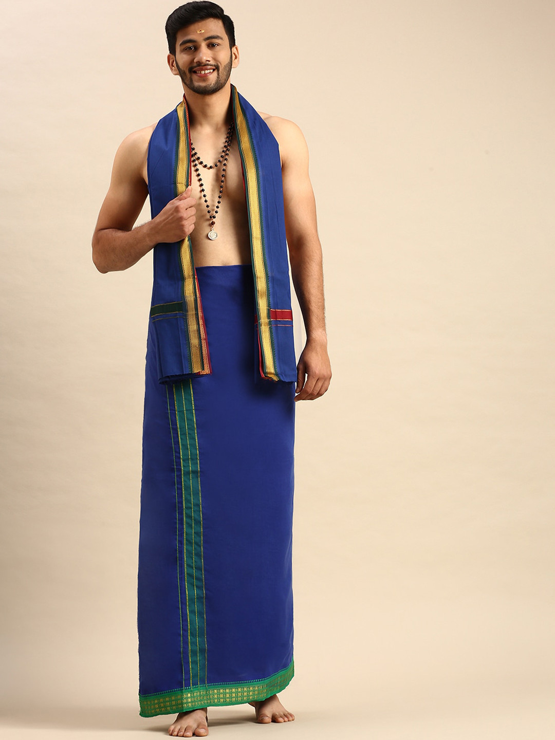 

Ramraj Men Pure Cotton Devotional Dhoti & Towel Set, Blue
