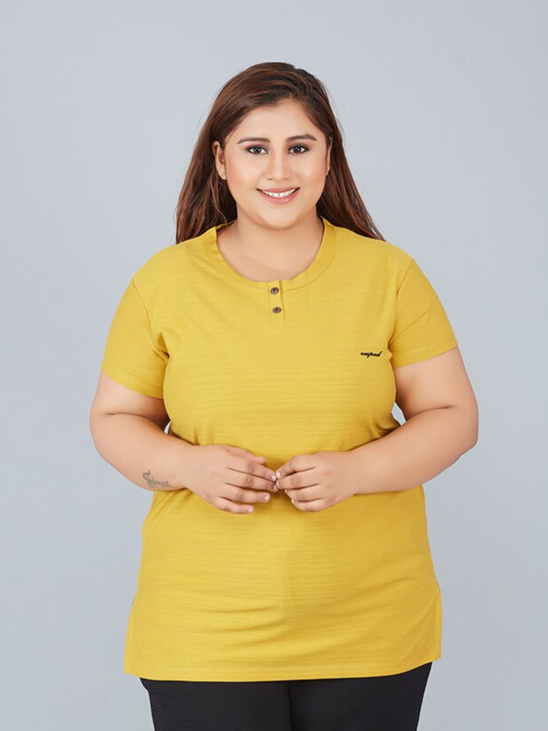 

CUPID Plus Size Round Neck Cotton Top, Mustard
