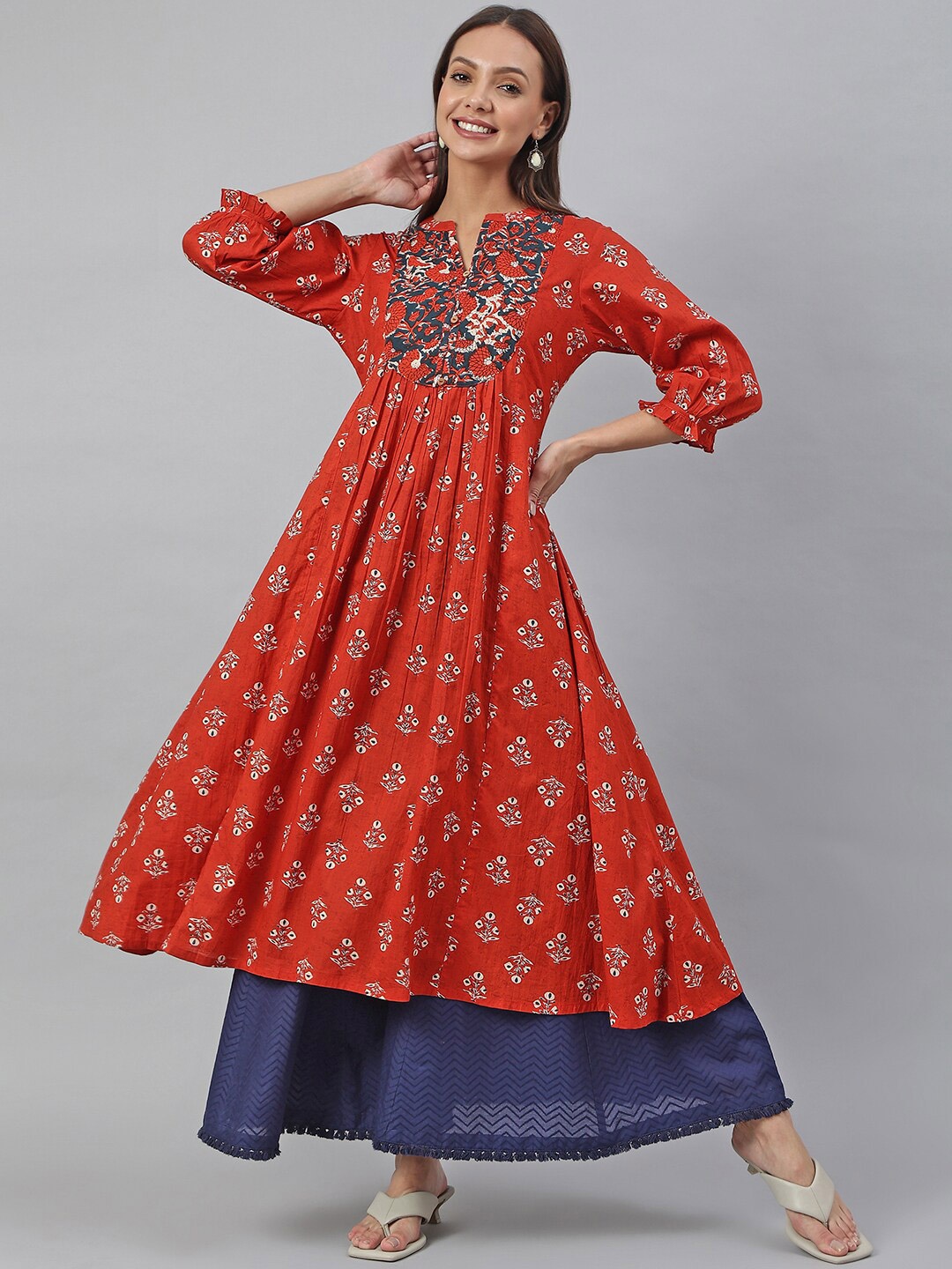 

Janasya Mandarin Collar Floral Printed A-line Cotton Kurta, Red