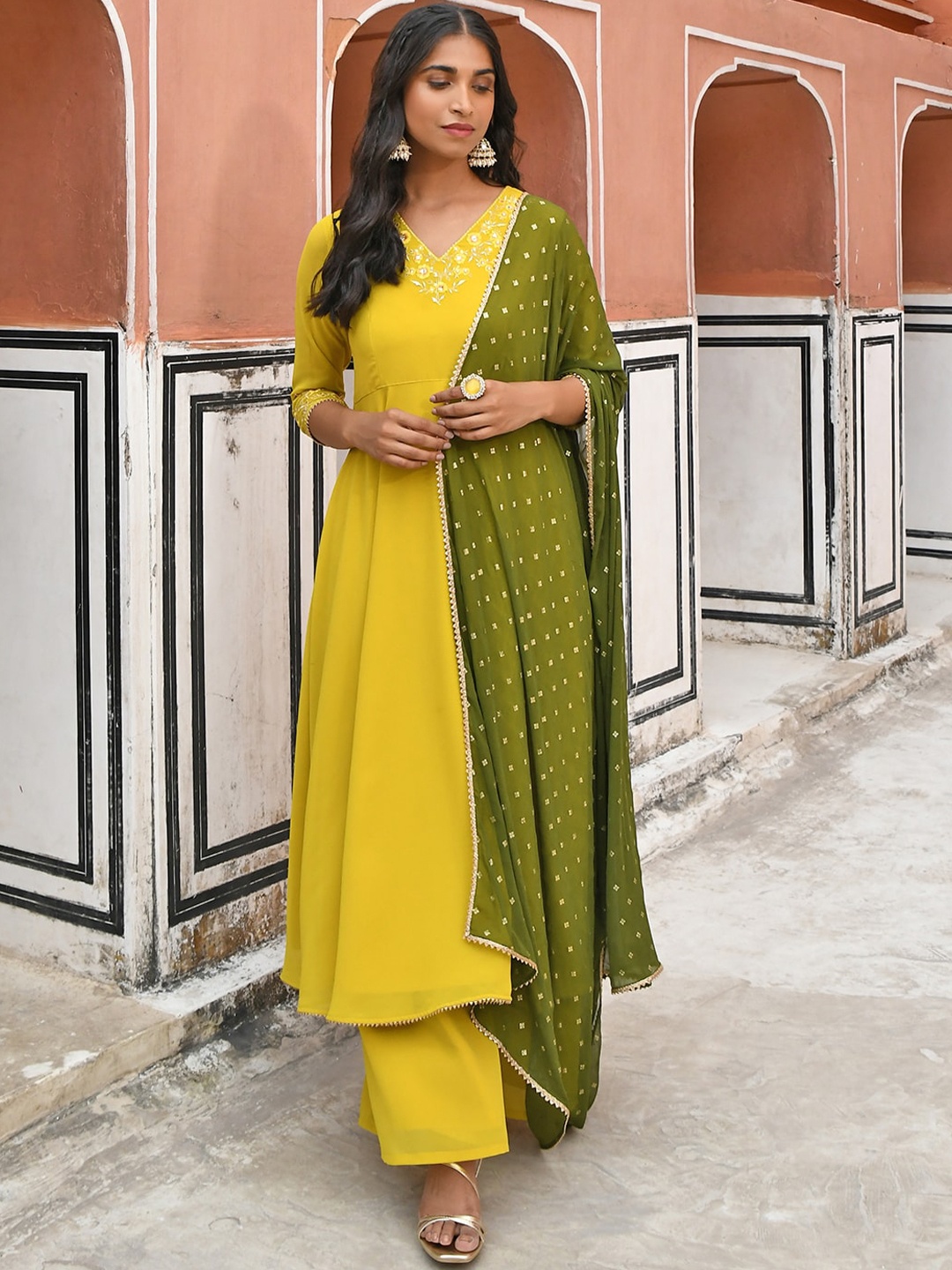 

Janasya Women Yellow Georgette Embellished Kurta with Palazzo & Dupatta