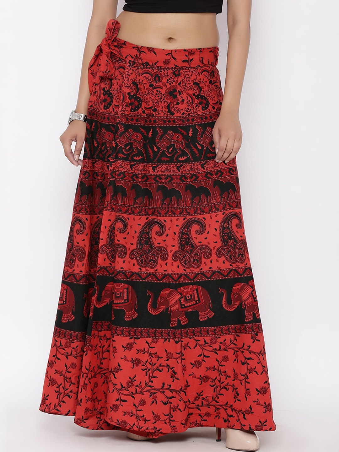 

SOUNDARYA Jaipuri Printed Wrap Cotton Maxi Skirt, Red