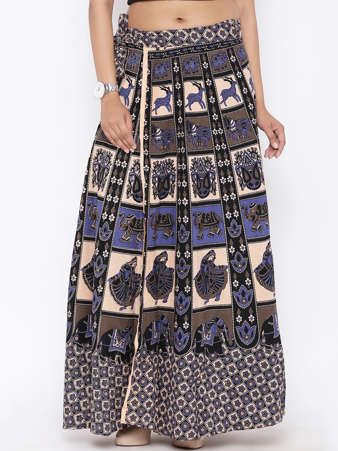 

SOUNDARYA Printed Pure Cotton Wrap Around Skirt, Beige