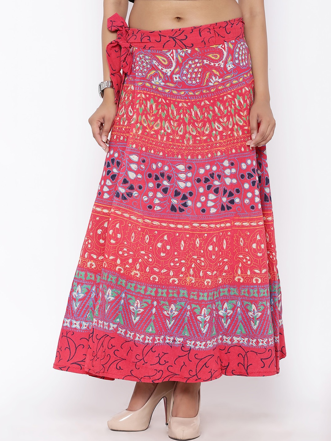 

SOUNDARYA Ethic Motif Print Pure Cotton Warp Around Maxi Skirts, Red