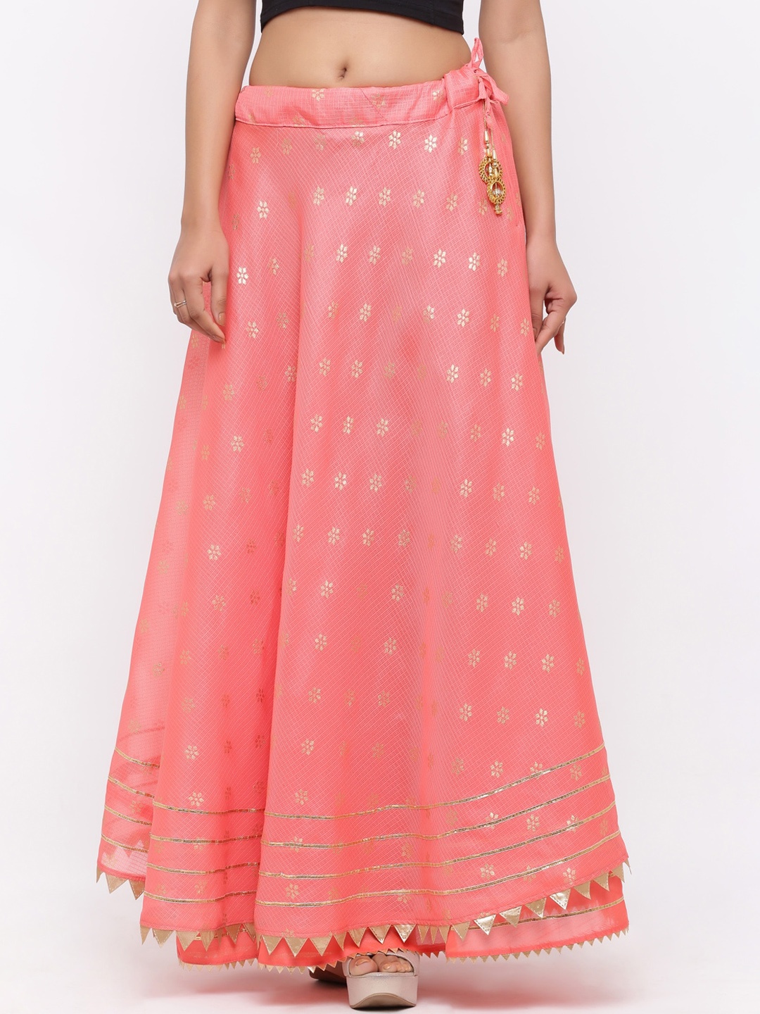 

SOUNDARYA Printed Cotton Kota Doriya Maxi Skirt, Peach