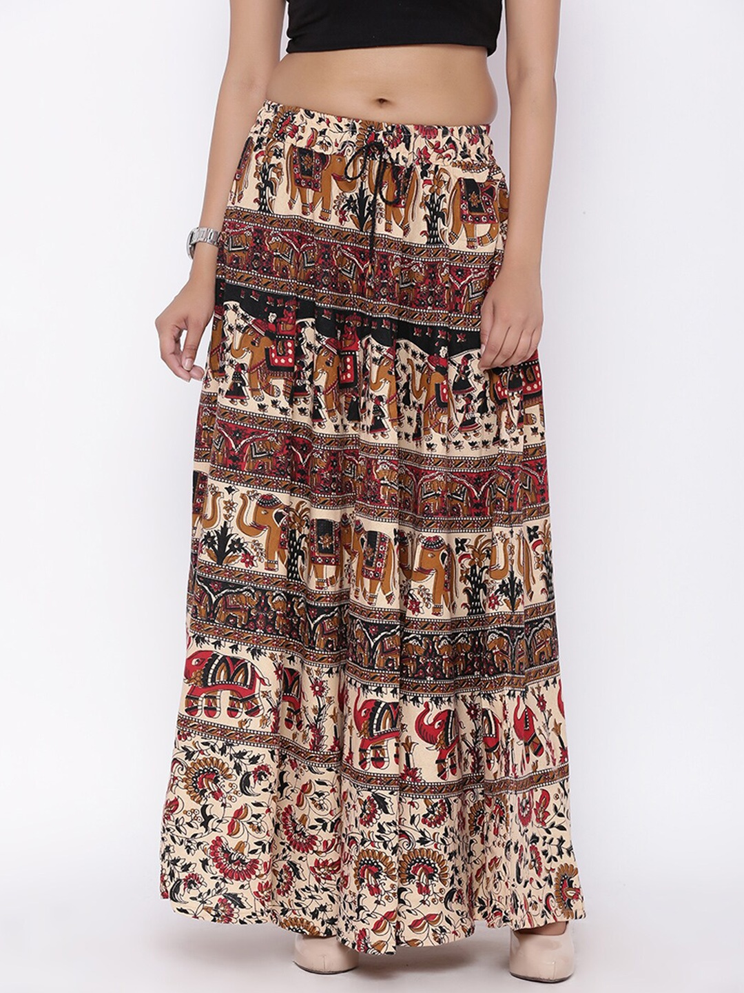 

SOUNDARYA Printed Cotton A-Line Maxi Skirts, Beige