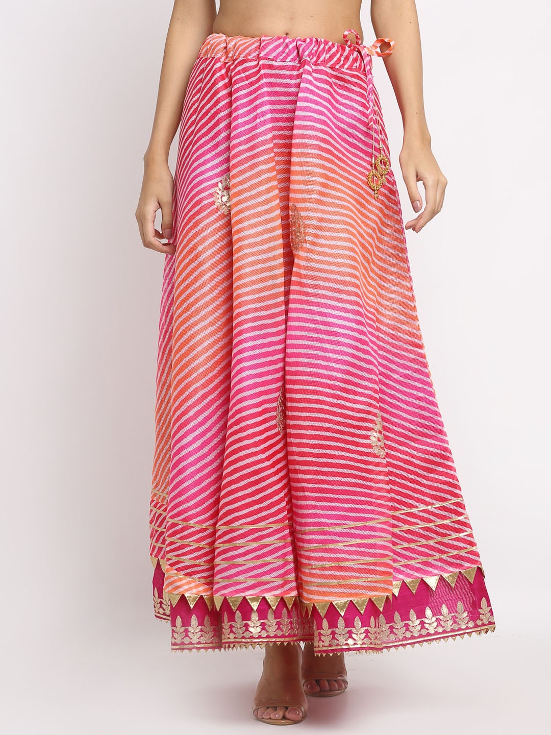 

SOUNDARYA Striped Cotton Kota Doriya Flared Gota Patti Maxi Skirt, Pink