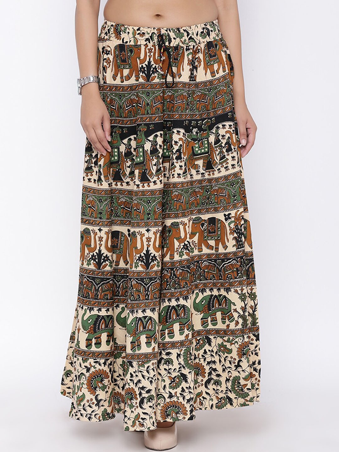 

SOUNDARYA Women Printed Cotton Casual Flared Skirt, Beige