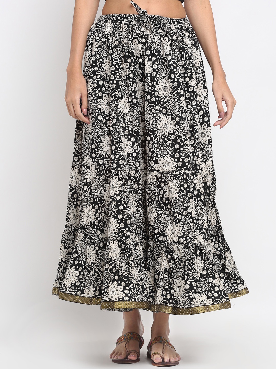 

SOUNDARYA Printed Pure Cotton Flared Maxi Skirt, Black