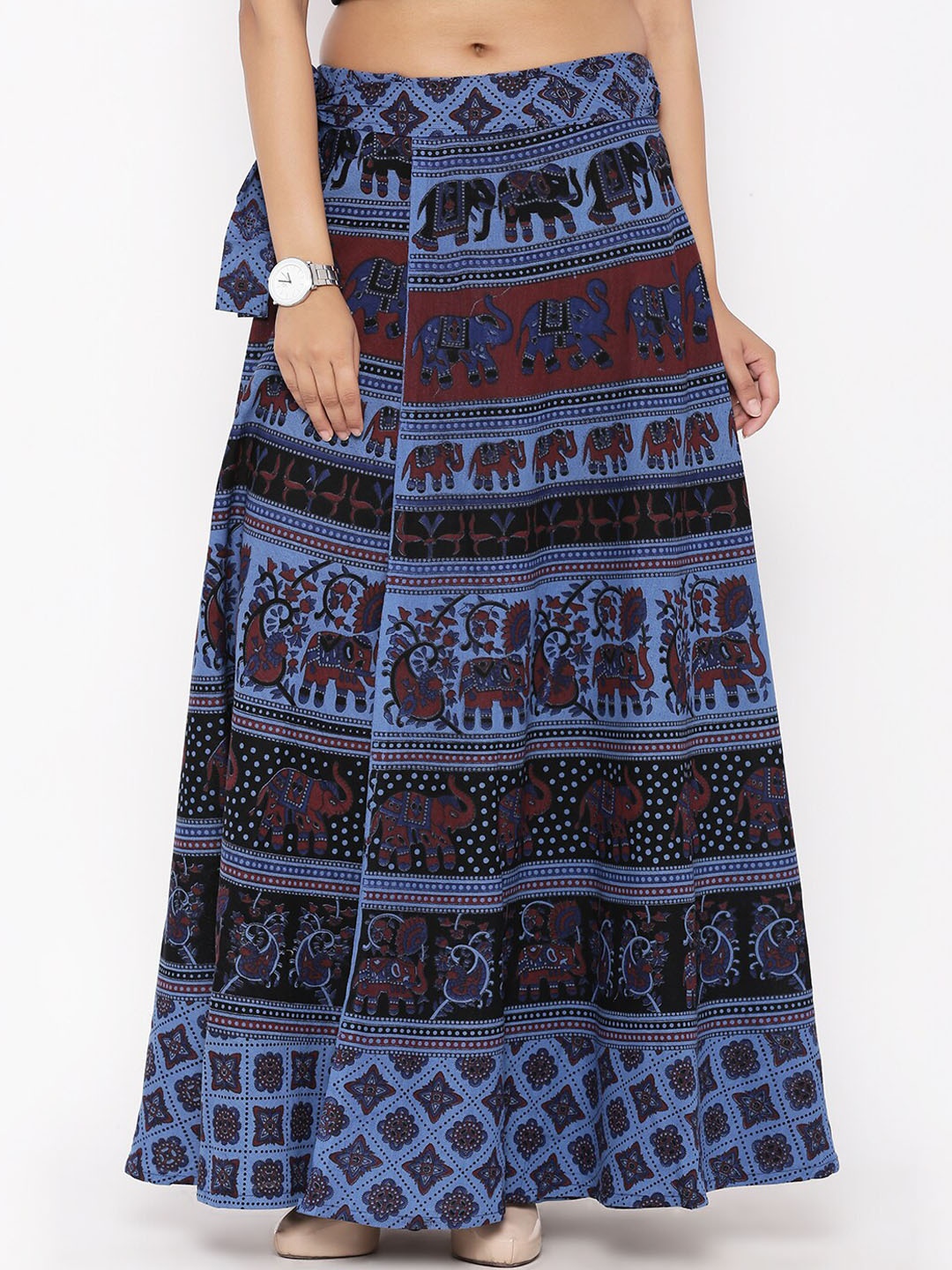 

SOUNDARYA Printed Pure Cotton Wrap Around Skirt, Navy blue