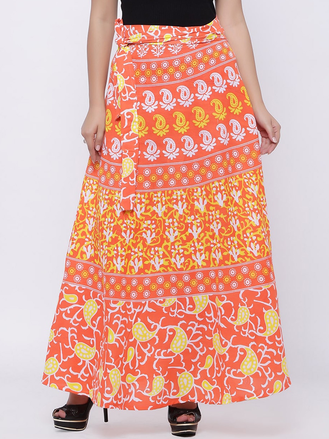 

SOUNDARYA Women Printed Cotton Wrap Around Skirt, Orange