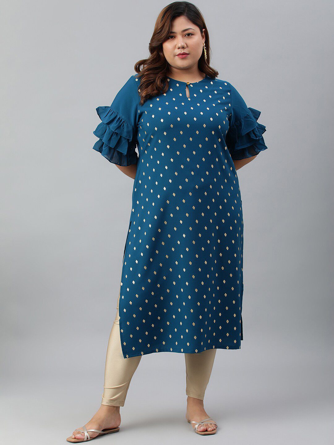 

Janasya Plus Size Ethnic Motifs Printed Crepe Kurta, Teal