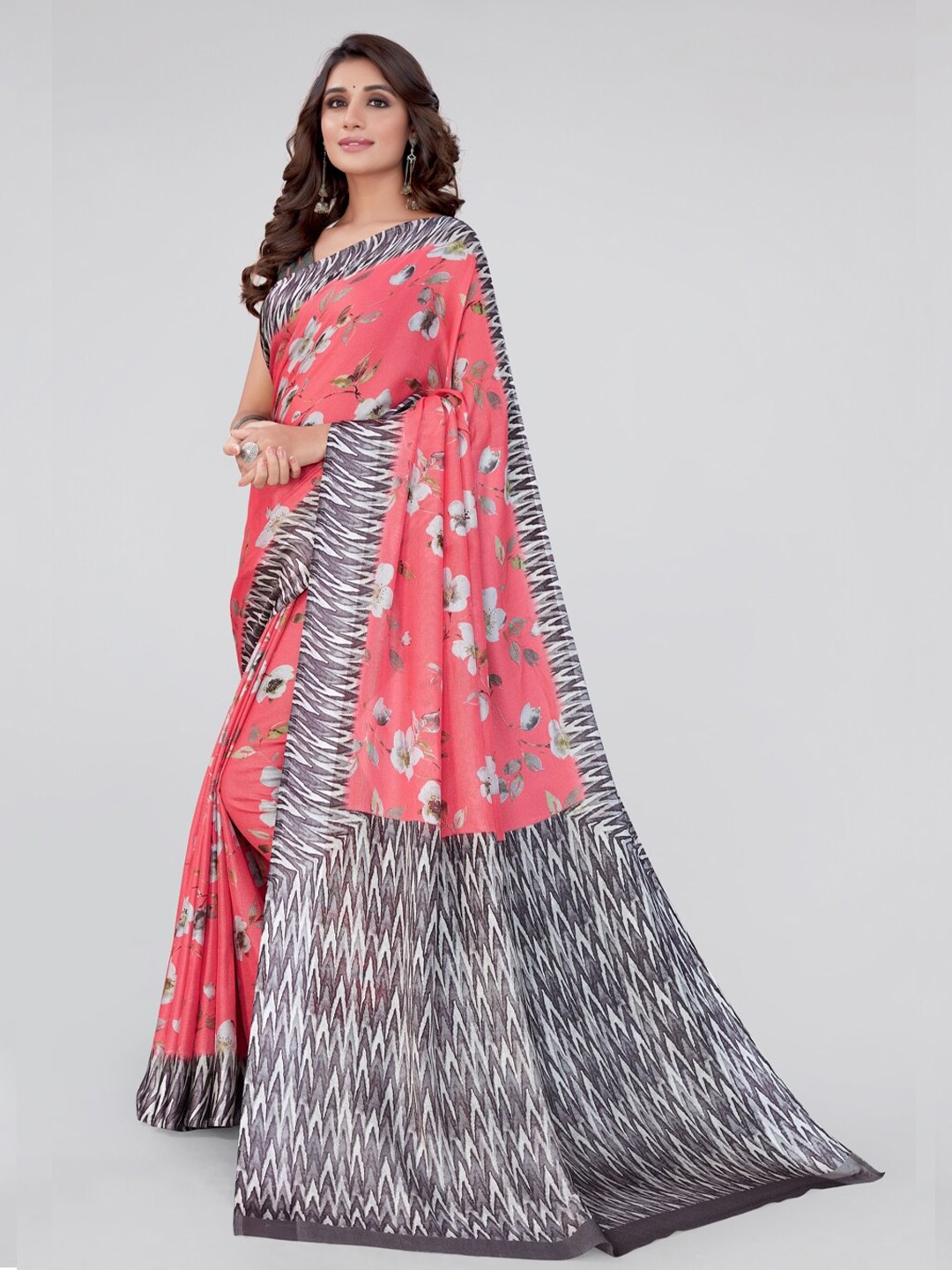 

KALINI Floral Printed Saree, Coral