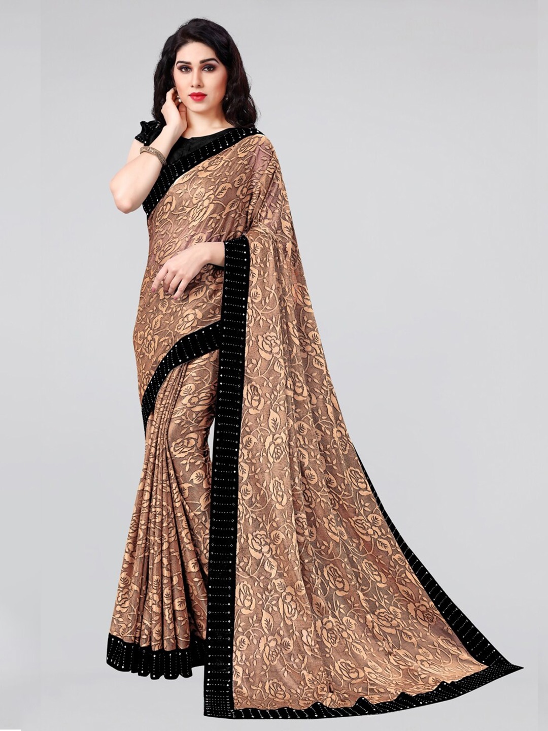 

KALINI Floral Beads and Stones Lycra Saree, Brown