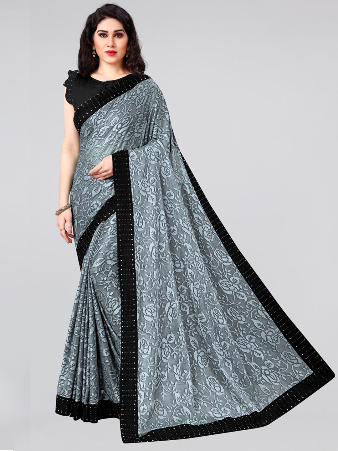 

KALINI Floral Beads and Stones Lycra Saree, Grey