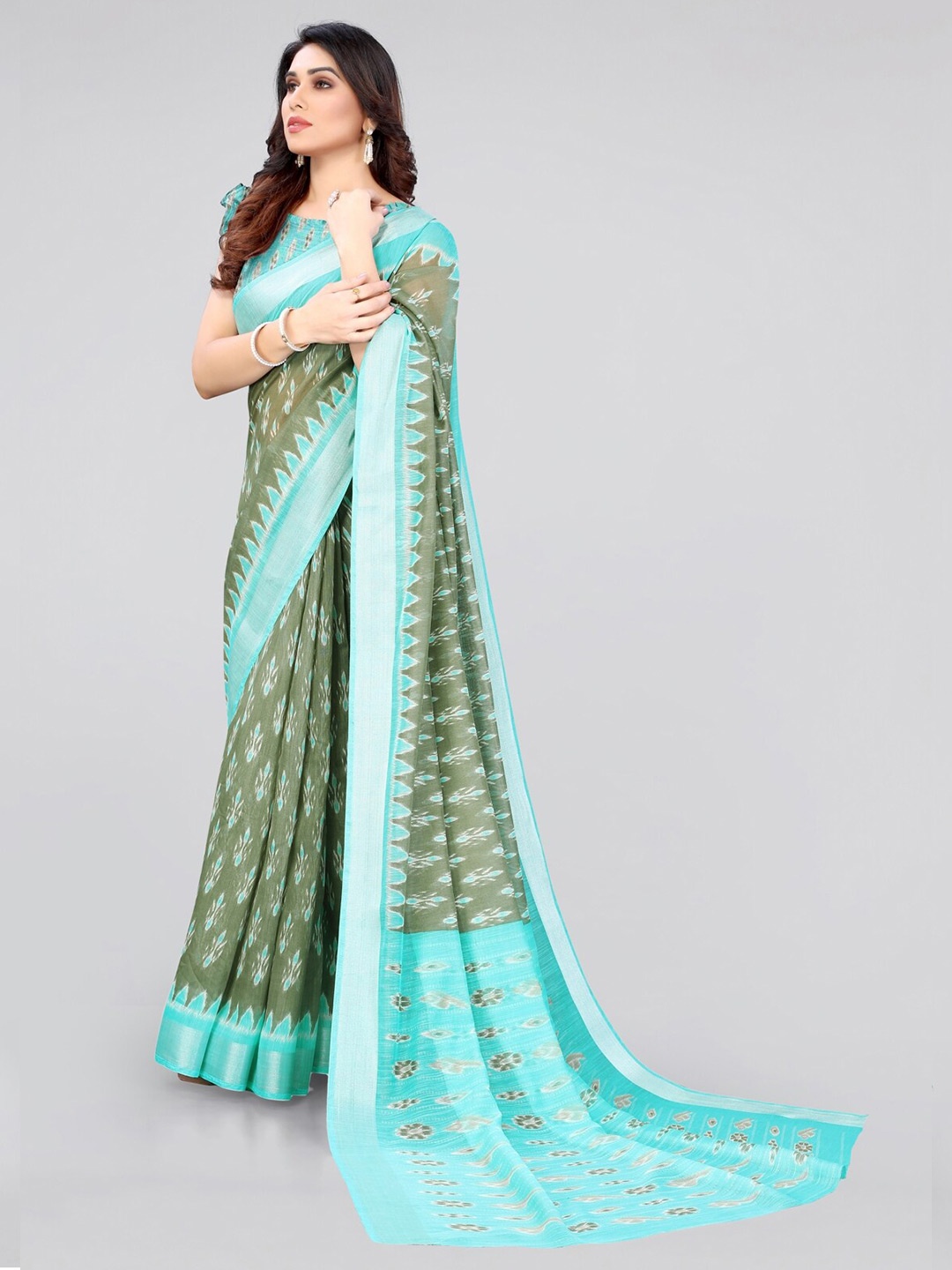 

KALINI Floral Printed Ikat Saree, Olive