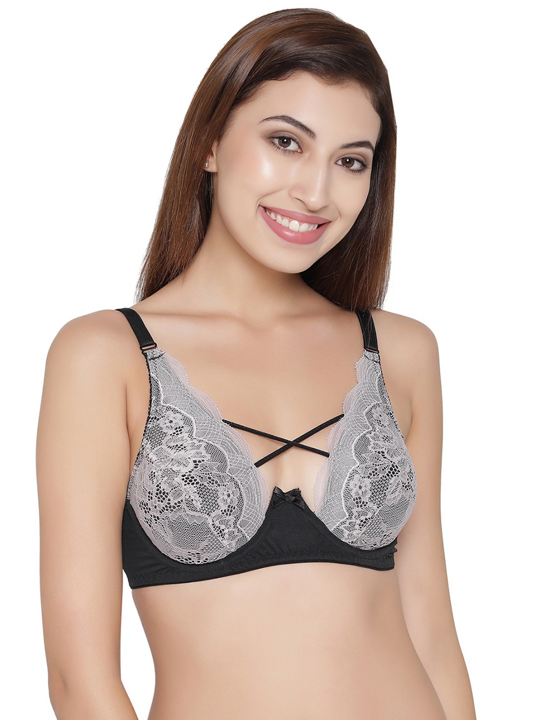 Clovia Lace Non-Padded Underwired Plunge Bra, Grey