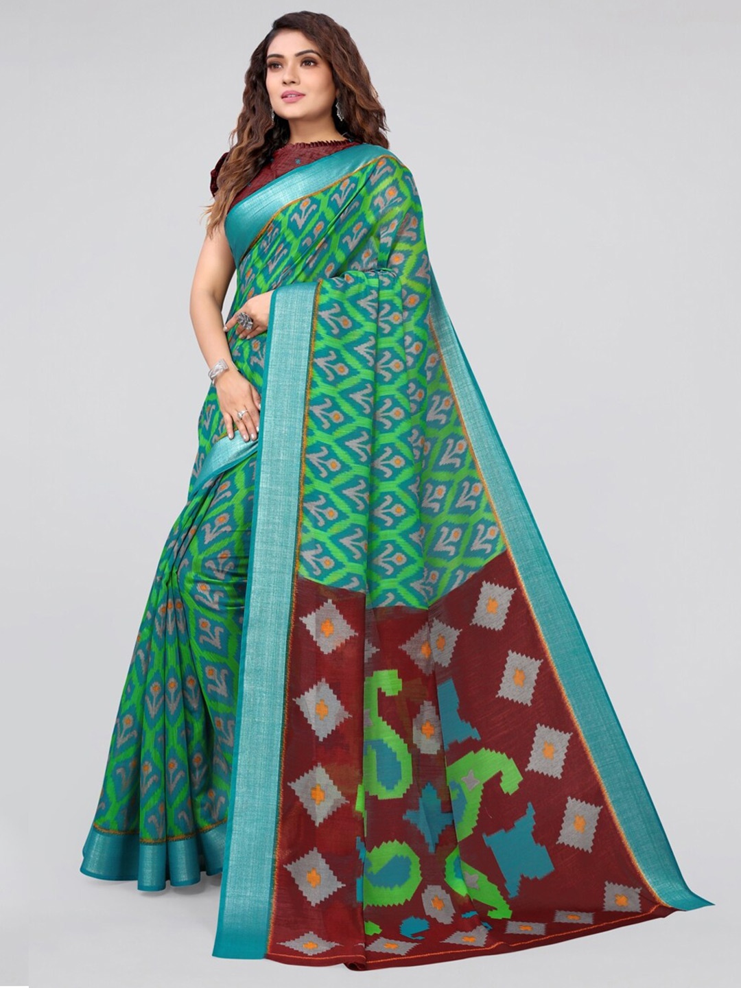 

KALINI Geometric Printed Ikat Saree, Turquoise blue