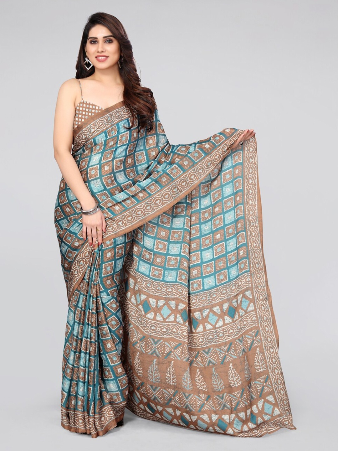 

KALINI Printed Chiffon Saree, Turquoise blue