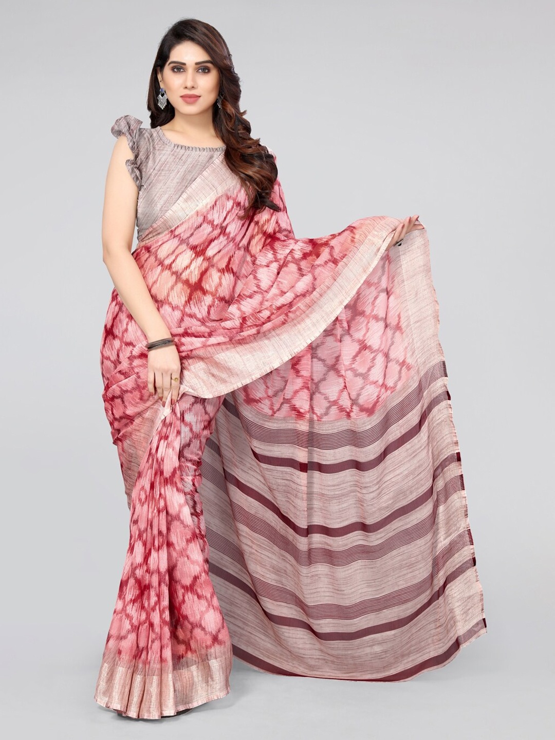 

KALINI Printed Chiffon Saree, Coral
