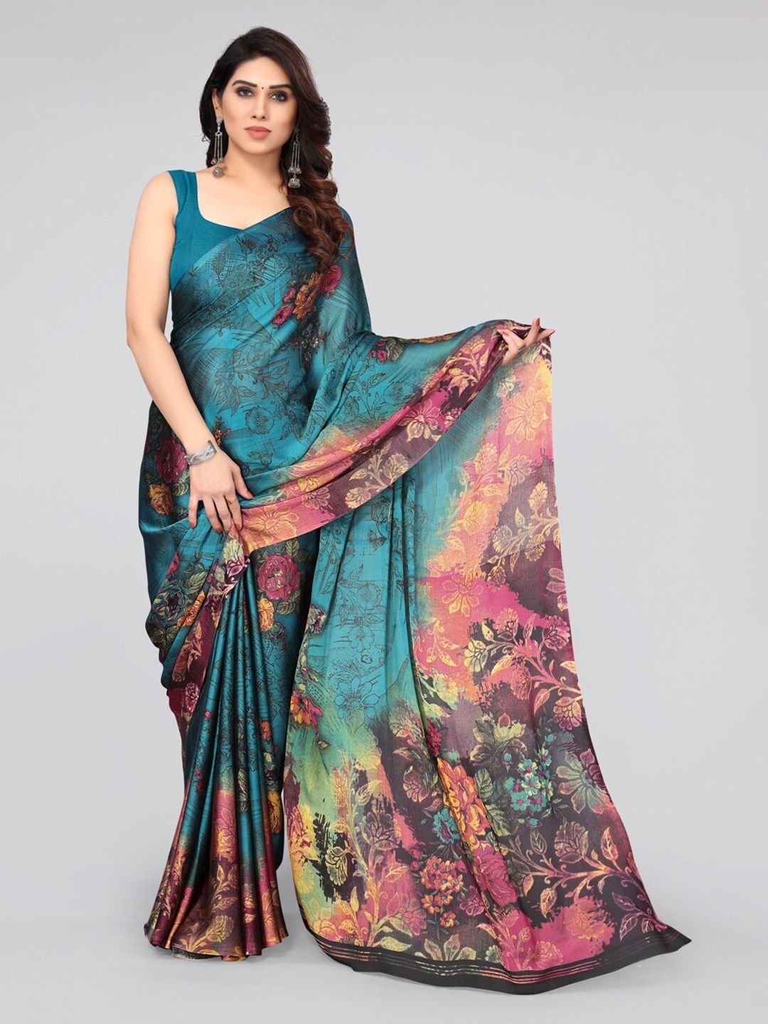 

KALINI Printed Floral Saree, Turquoise blue